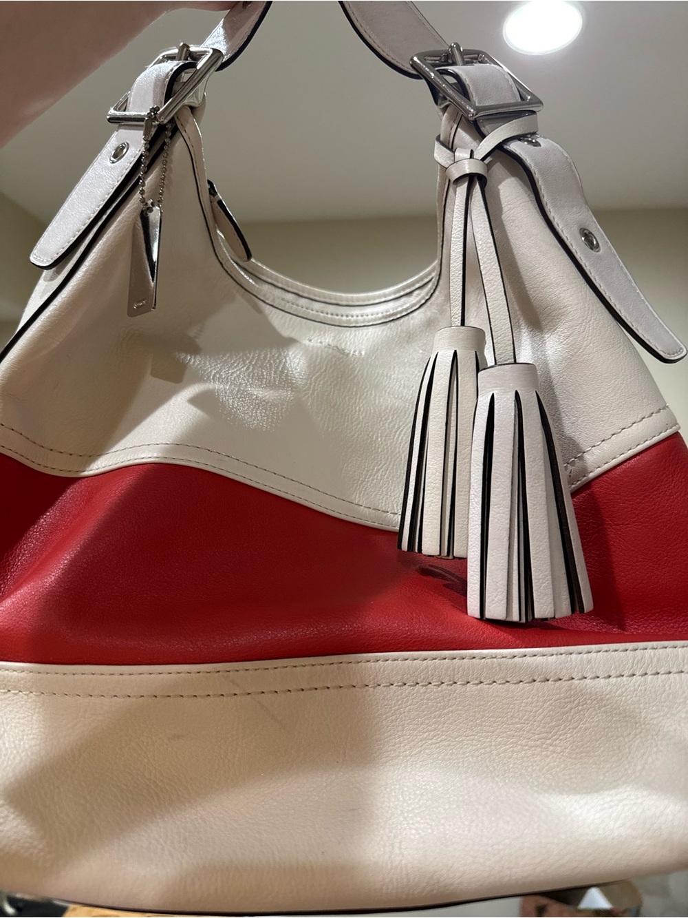 Coach Legacy Stripe Two-Tone Leather Shoulder Bag in White & Red